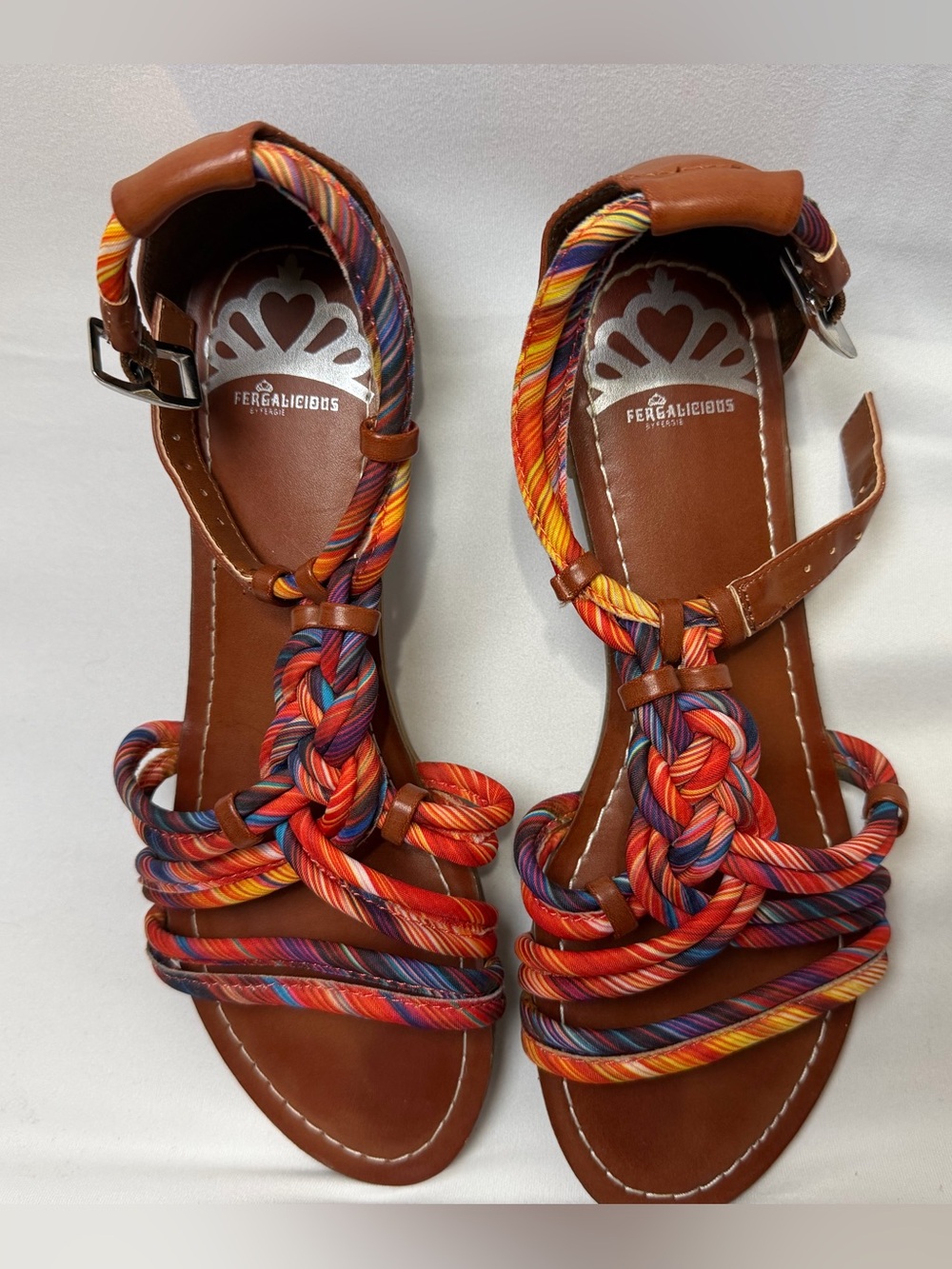 Fergalicious Multi-Color Braided Strap Brown Sandals 6.5 size
